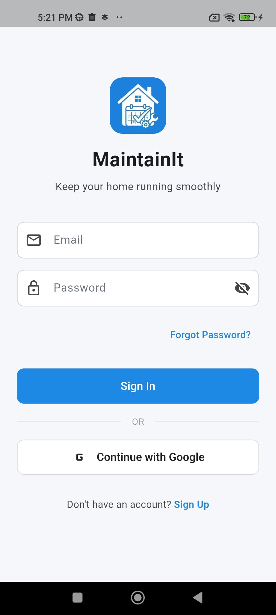 MaintainIt Android sign-in screen with email, password, and Google sign-in options.